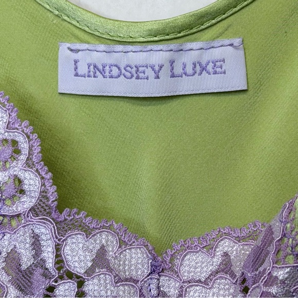 Lindsey Luxe Y2K Elegant Satin Green Lilac Lace Chemise Cami Tank Top Camisole - Picture 12 of 15